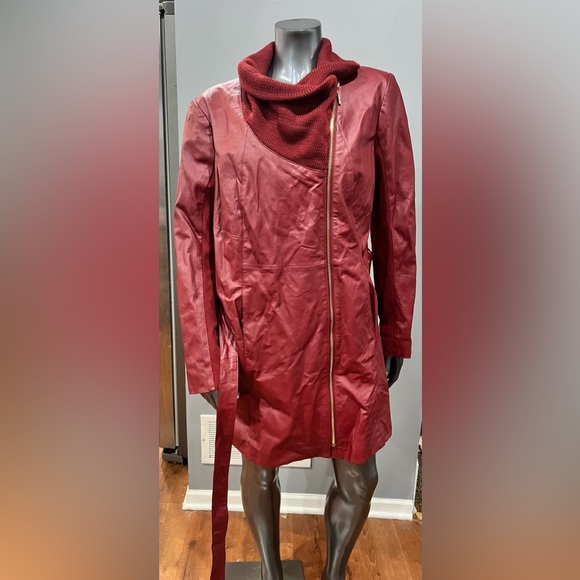 NWOT IMAN Red Leather Asymmetrical Gold Zip Belted Jacket - Picture 4 of 11